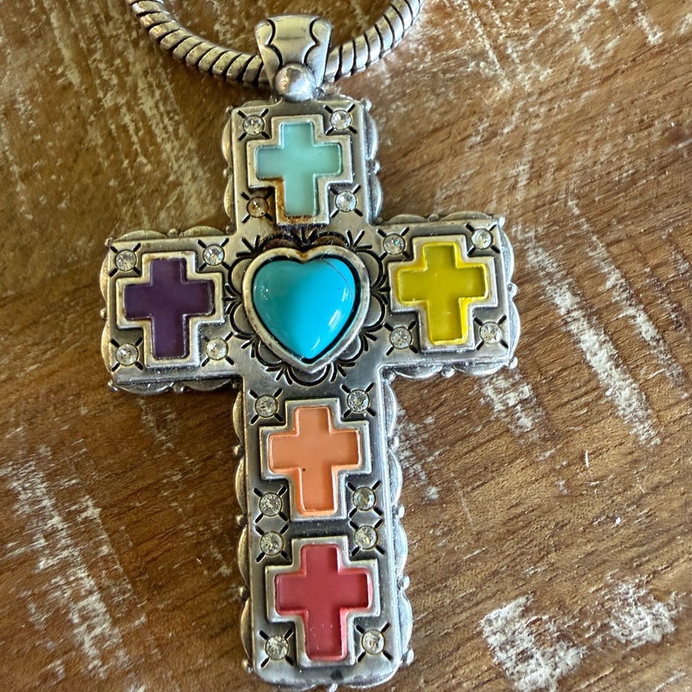 Brighton Loretto  Multicolor Enamel Cross Pendant Necklace - Turquoise Heart